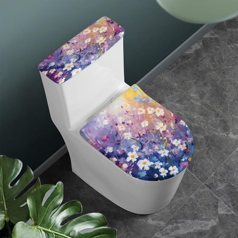 Flashideas Daisy Print Toilet Lid Cover and Toilet Tank Cover 2Pcs Toilet Seat Cover and Tank Lid Covers Stretch Toilet Covers Set for Bathroom Fits Most Toilet Tanks & Lids - Image 1